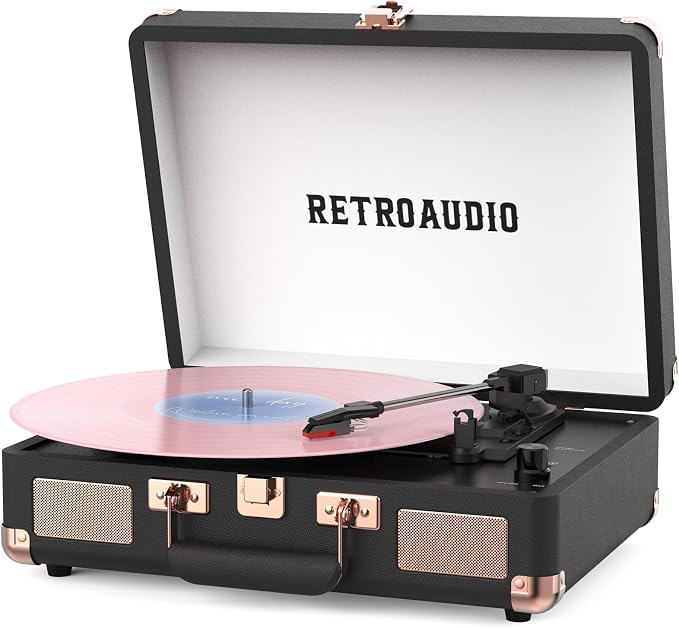 Vinyl Record Player 3 Speed Bluetooth Portable Suitcase Belt-Driven Record Player with 2 Built-in Stereo Speakers Vinyl Vintage Turntable Records Player with RCA Line Out AUX Out (Black&Rose Gold)