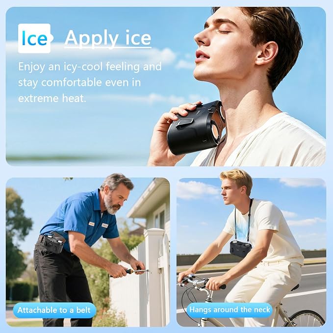 Portable Waist Fan with 10 Speeds, 10000mAh Battery，With lighting function, used as a neck fan, a desktop fan, and a hanging portable fan，With a cooling system for ice compress