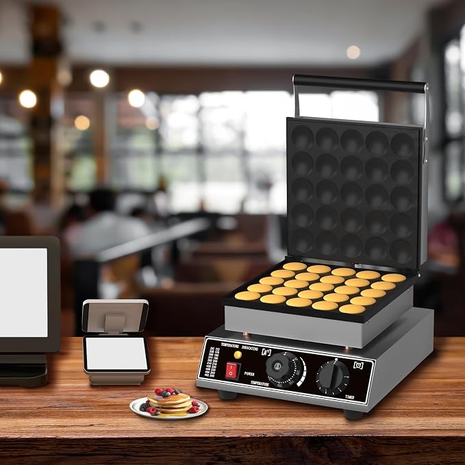Commercial 25-Piece Mini Dutch Pancake Maker, 1750W Electric Non-Stick Griddle, Adjustable Temp & Timer, Even Heating, Stainless Steel, with Lid, Ideal for Poffertjes, Dorayaki, Restaurant & Home Use