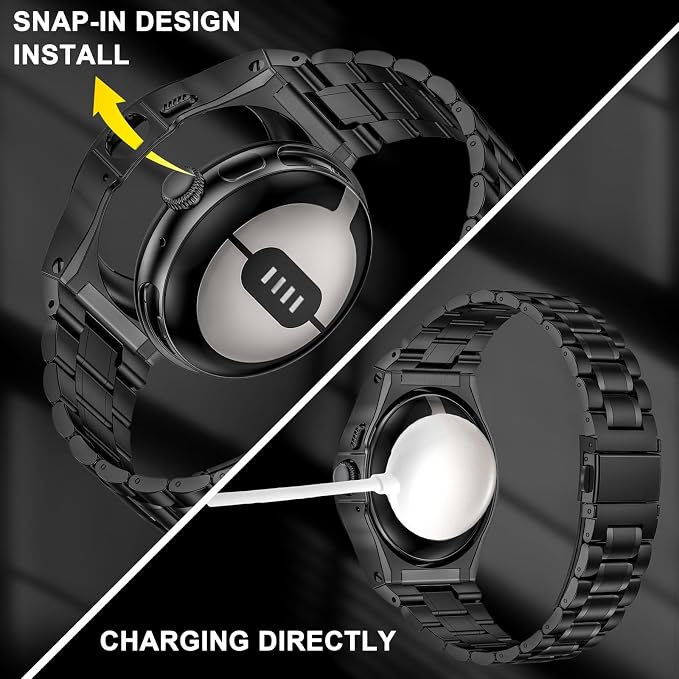 SUPLINK Stainless Steel Case and Bands Compatible with Google Pixel Watch 3 45mm Band for Men, Rugged Metal Protective Case Adjustable Replacement Strap for Pixel Watch 3 45mm (2024) - Black