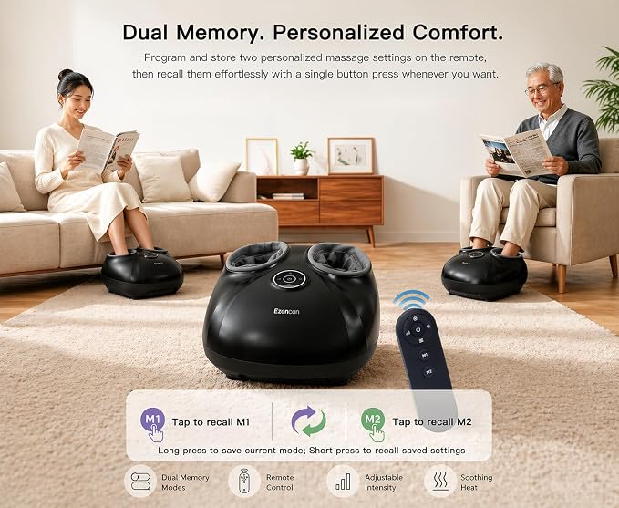 Foot Massager Shiatsu Kneading/Scraping/Vibration/Heat/Remote | 2 Memory Slots,3 Modes, 3 Heats, 3 Intensitys, 15min Timer, Fits US Size 5-11.5