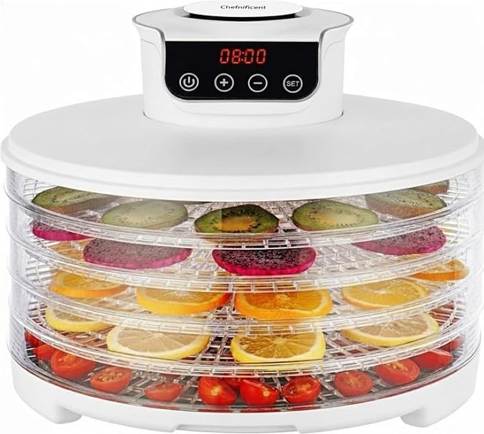 Food Dehydrator DryLite 245W – 5 Tray Adjustable, BPA-Free – 4-Hour Quick Drying, Even Heat, Easy Temp Control – Fruit, Veggie, Meat Jerky Maker (White)