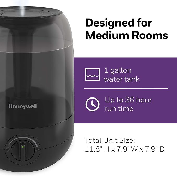 Honeywell Ultra Comfort Cool Mist Humidifier, No Filter, Easy to Fill and Clean, Cleaning Brush Included, Ultra Quiet, Use Air Humidifier with Essential Oils for Extra Comfort, Black, HUL545B