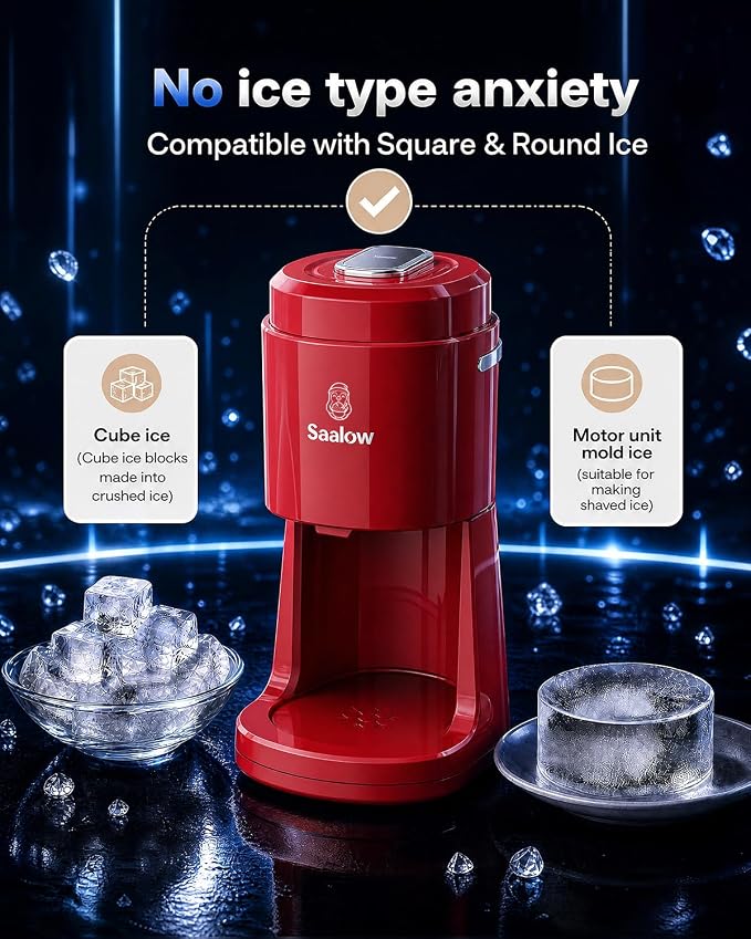 Electric Shaved Ice Machine, Professional Snow Cone Maker with Adjustable Thickness Settings, High-Efficiency 135W Motor, Portable Ice Crusher for Fluffy Ice & Slushies, Includes 2 Ice Molds