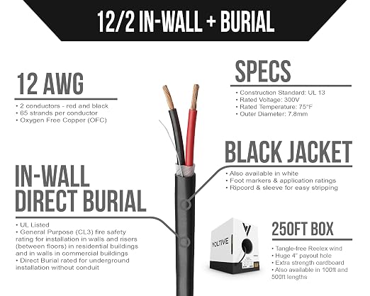 Voltive 12/2 Speaker Wire, in-Wall CL3 & Direct Burial, Black, 250ft - 12AWG, 2 Conductors, Stranded Oxygen-Free Copper, UL Listed - V-1206-3