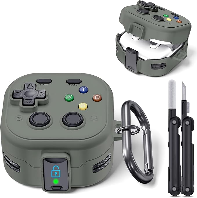 for Galaxy Buds 4 Pro Case and Buds 4 Case Cover, Secure Lock Case for Samsung Galaxy Buds 4 Pro 2026, Funny Game Hard Shell Cover with Cleaner Kit and Keychain for Men Boy Women, Gray-Green