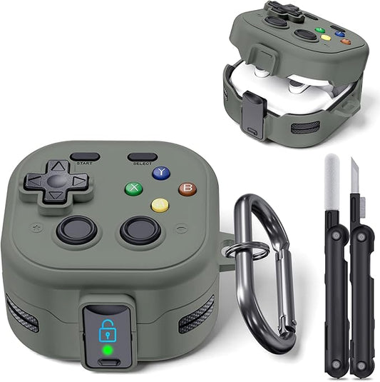 for Galaxy Buds 4 Pro Case and Buds 4 Case Cover, Secure Lock Case for Samsung Galaxy Buds 4 Pro 2026, Funny Game Hard Shell Cover with Cleaner Kit and Keychain for Men Boy Women, Gray-Green