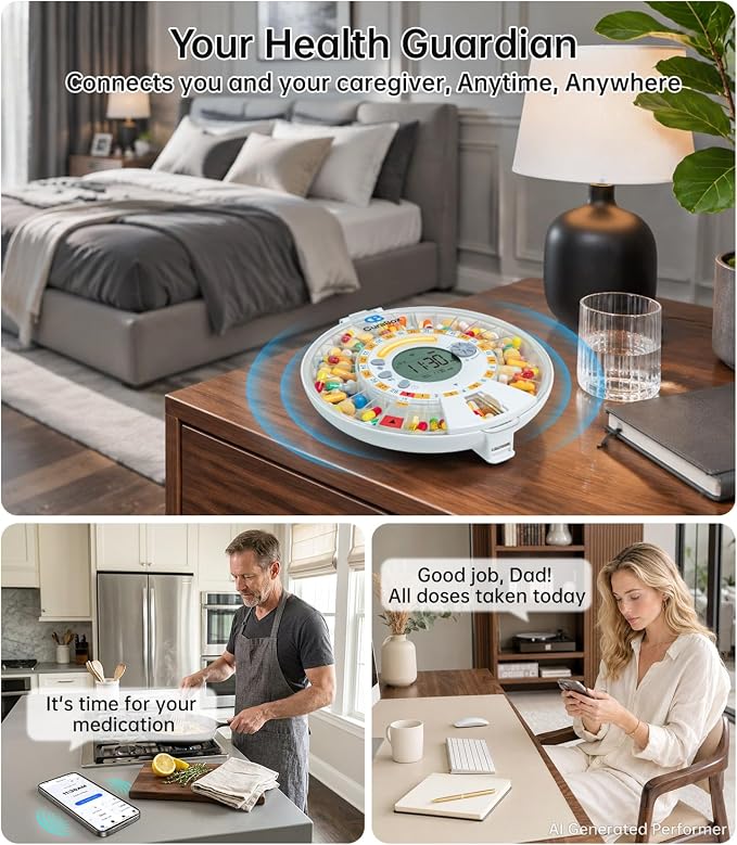 Wi-Fi Automatic Pill Dispenser 28-Day Medication Assistant for Seniors & Caregivers with Remote App Monitoring, Alarms, Sound Light Reminders, Tracks Adherence History, Clear LCD Display, Key Lock
