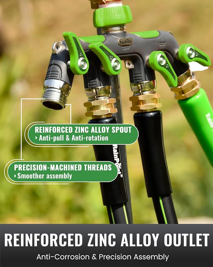 RAINPOINT Sprinkler Hose Timer with 4 Way Heavy Duty Metal Hose Splitter Programmable Watering Timer and 3/4 Inch GHT Spigot Splitter with Individual Shut Off Valves for Faucet and Drip Irrigation