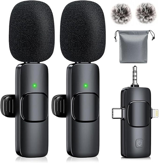 3-in-1 Wireless Lavalier Microphone, Clip-on Lapel Mic for iPhone, iPad, Android, Camera, Video Recording