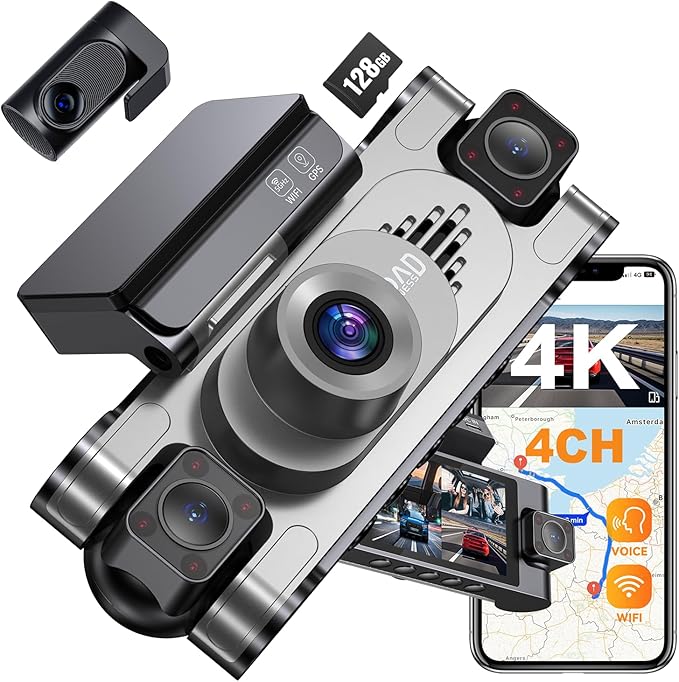 4K DashCam for Cars,4 Channel Car Dash Cam Front and Rear Inside with Voice Control,5G WiFi GPS, Night Vision, G Sensor, WDR, 24/7 Parking Mode Loop Recording ，Dash Camera with Free 128G Card Gray