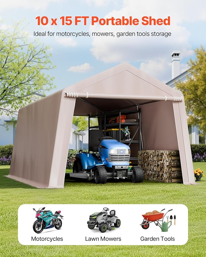 VEVOR 10 x 15 ft Outdoor Storage Shed Tent with Heavy-Duty Steel Frame, 2 Roll-Up Doors & Air Vents, Waterproof Portable Garage Carport Shelter for Motorcycle, Lawn Mower, Garden Tools, Beige
