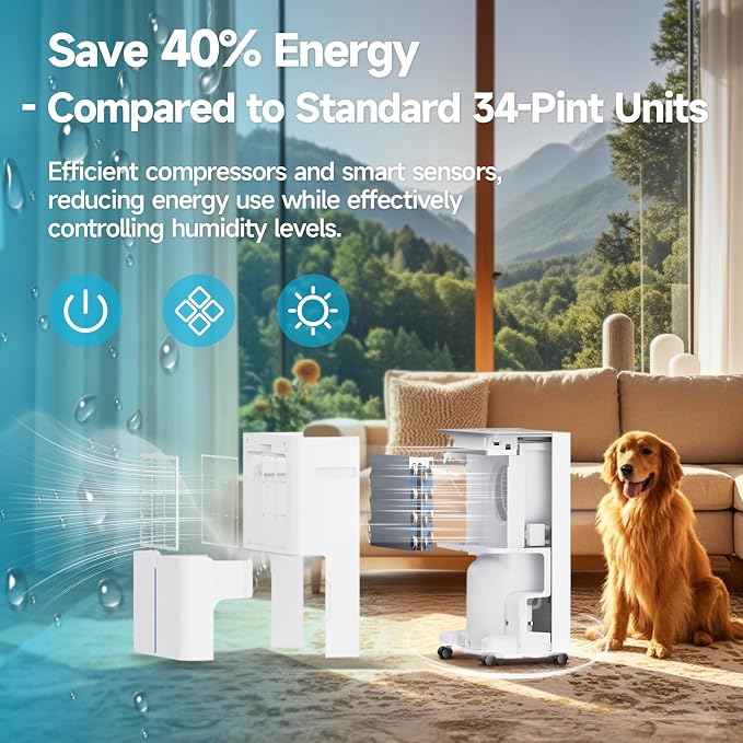 34 Pints Dehumidifiers for Home with 6.56ft Drain Hose, Smart Humidity Control, Max 2441 Sq.Ft Quite & Energy Efficient Dehumidifier for Basement Bedroom Bathroom with Auto Shut Off, 2.5 L Water Tank