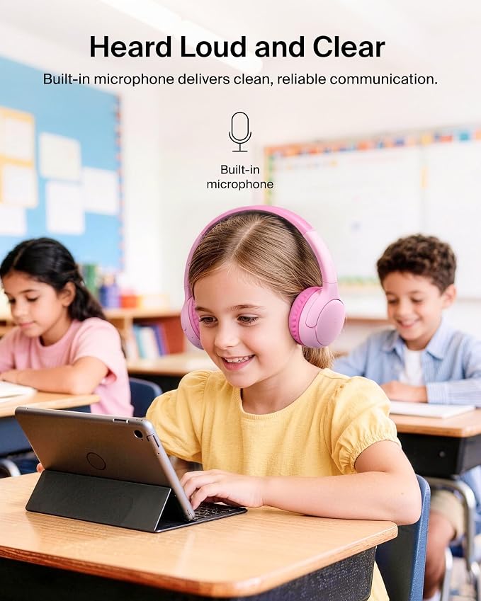 Belkin SoundForm Mini 2 Wireless Kids Bluetooth Headphones - On-Ear Earphones w/ 55H Battery Life, 85dB Safe Volume Limit, Built-in Microphone - Toddler Headphones for iPad, Tablet, School, Travel