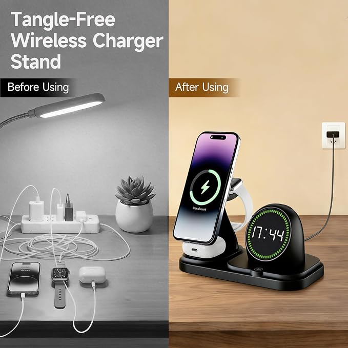 6 in 1 Wireless Charger Charging Station : Compatibility for iPhone 17 16 15 14 13 Pro Max Apple Watch, Charger Stand for Apple Devices, with Wireless Speaker and Digital Clock Ambient Lights (Black)