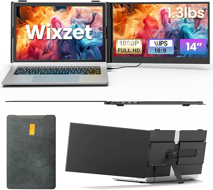 Laptop Screen Extender, Ultra-Thin 14" FHD 1080P IPS Portable Monitor for 13"-17" Laptop, 1.3lbs Lightweight Dual Monitor Extender, Plug & Play for Wins/Mac/Android/Chrome