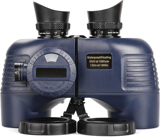 10x50 Marine Binoculars with Compass for Adults - Waterproof BAK4 Prism FMC Lens Binoculars with Rangefinder Compass and Shoulder Harness Strap for Navigation Hunting Bird Watching