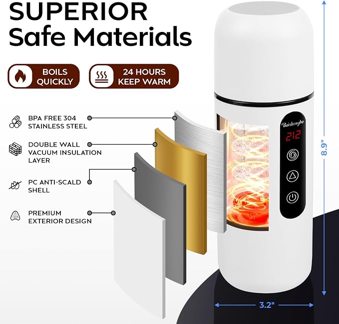 Car Kettle, Portable Electric Travel Kettle, 12V/24V Car Coffee Warmer,420ML Hot Water Heater with Built-in Magnetic Induction Stirring,Mini Hot Water Boiler for Tea Coffee Milk