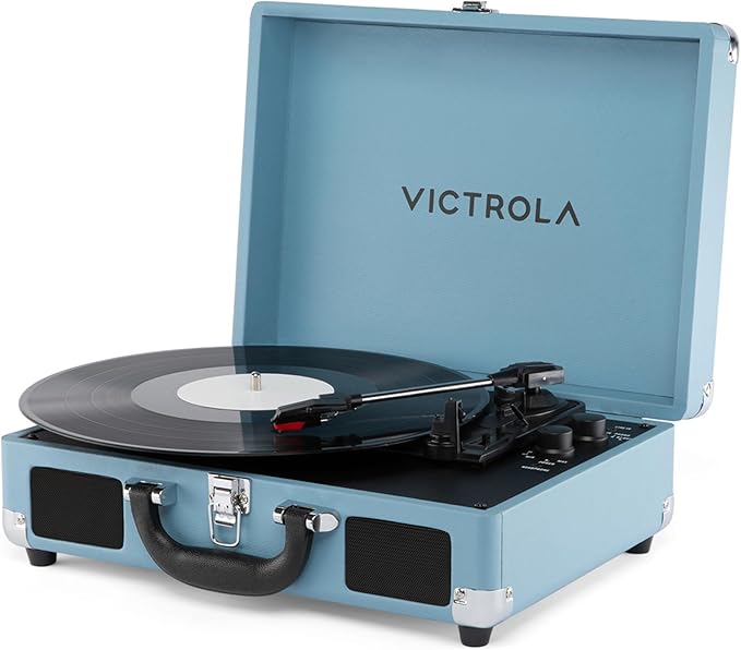 Victrola Journey II (2025 Model) – Bluetooth Suitcase Record Player – Built-in Stereo Speakers with Enhanced Bass, 3-Speed Turntable, Bluetooth Input and Output, RCA & Headphone Outputs (Blue)
