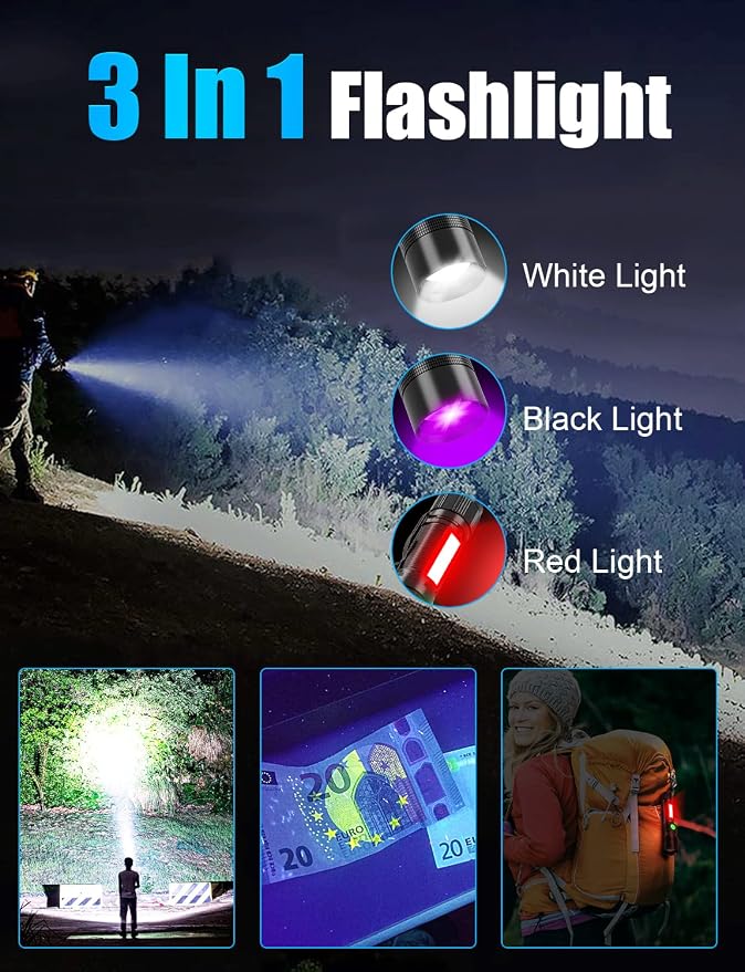 Rechargeable Tactical Flashlight, USB Magnetic Flashlights 1200 Lumen & 3 in 1 UV Rechargeable Flashlights 1000 High Lumens Black Light Flashligh
