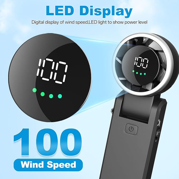 3 in 1 Portable Turbo Fan, Rechargeable Handheld Fan 180° Adjustable for Desk LED Display, Foldable Design Neck Fan for Outdoor Activities, Travel, Gift for Women Men (Black)