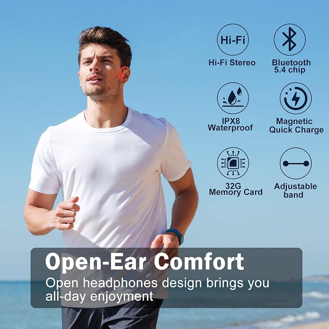 Swimming Headphones-Bone Conduction Headphones, IP68 Waterproof Open Earphones, LiteSurge Bluetooth 5.4 Underwater Sport Earbuds with 32 GB MP3 Memory for Swimming, Marathon-Neon Orange