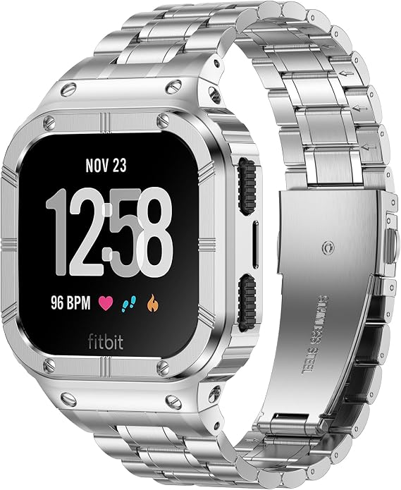 BAITEYOU Stainless Steel Watch Band with Case Compatible for Fitbit Versa/Fitbit Sense Bands, Rugged Protective Bumper Metal Wristbands for Men Women