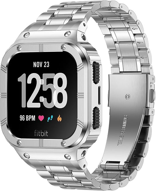 BAITEYOU Stainless Steel Watch Band with Case Compatible for Fitbit Versa/Fitbit Sense Bands, Rugged Protective Bumper Metal Wristbands for Men Women