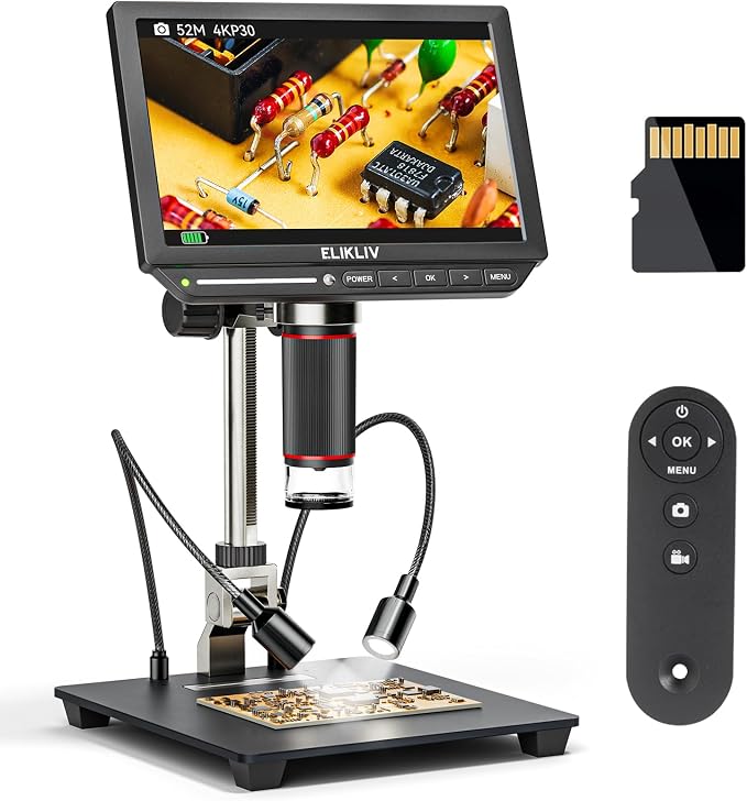 4K Digital Microscope, Elikliv EM4K 8" Coin Microscopes 2000x, 52MP HDMI Microscopes, Soldering Microscope for Adults, Micro scopes for Electronics Repair, 3840P UHD Video Micro socpe, 10" Stand, 16G