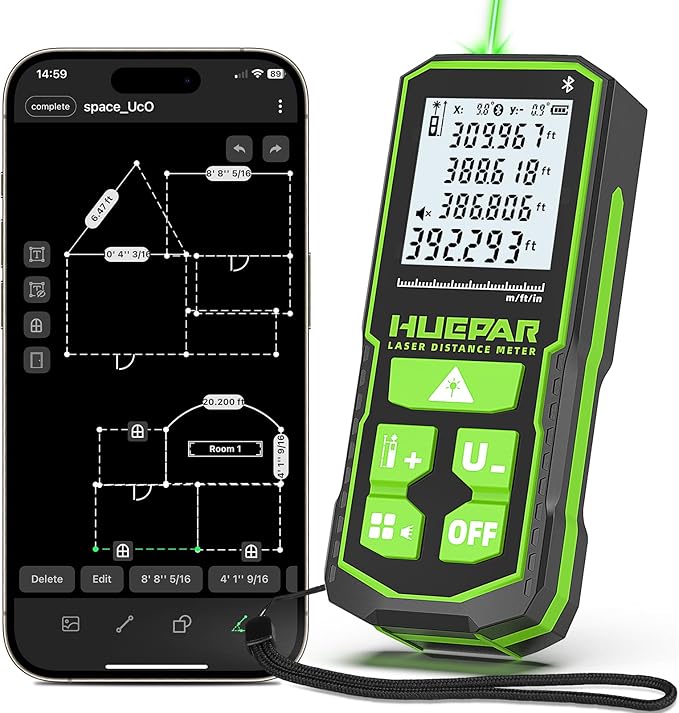 395FT Bluetooth Green Laser Measuring Tool with Angle Sensor, Huepar 1/16in Accuracy Laser Distance Measurement Tool, Digital Laser Room Measuring Device, Laser Distance Meters