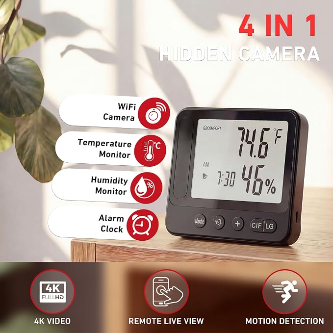 Hidden Camera with Temperature & Humidity Monitor, 4k Indoor WiFi Nanny Cam with Motion Detection, Night Vision, Live View by App, Security Camera for Home, Office, Greenhouse, Garage