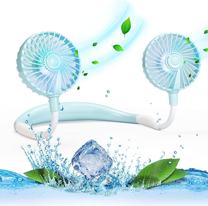 VAGAU Portable Cooling Neck Fan, Rechargeable USB Personal Neck Fan with Colorful LED lights, 360° Rotation for Office Travel Sport, 3 Adjustable Speeds（Blue）
