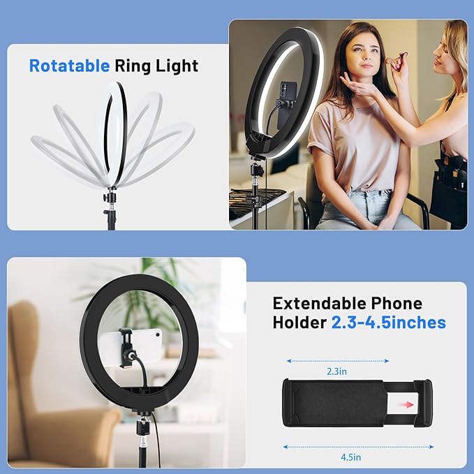 12'' Ring Light with Stand 75'' Tall & Phone Holder, 100+ Color Modes Selfie Light with Tripod Stand, Big LED Circle Lights for iPhone/Android/Camera/YouTube/Makeup/Live Stream/TikTok/Video