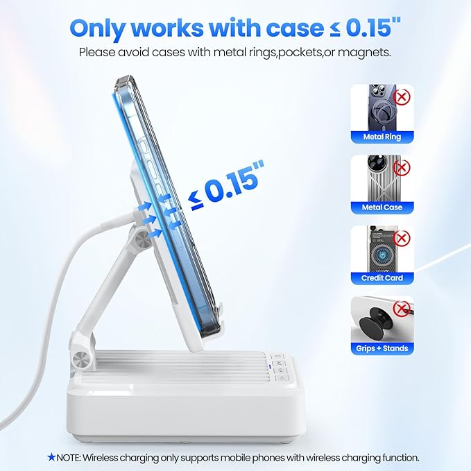 Jteman Cell Phone Stand with Bluetooth Speaker and Wireless Charger,Desktop Charging Station Stand Speaker for iPhone,Christmas Birthday Gift for Men Women (White)