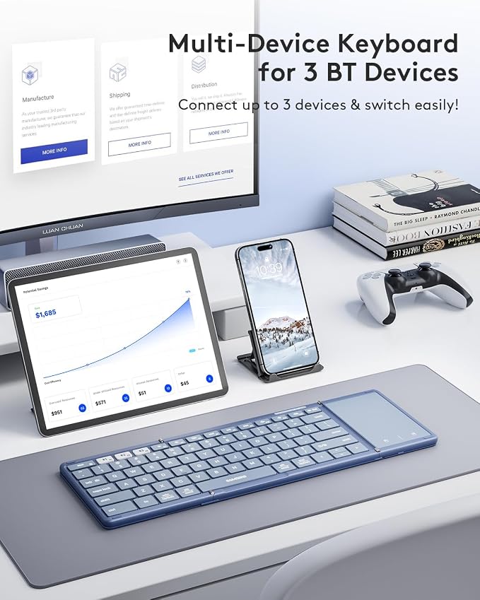Samsers Foldable Bluetooth Keyboard with Touchpad, Full-Size Wireless Folding Keyboard with PU Leather, Portable Travel Keyboards for iOS Android Windows Mac OS, Support 3 Devices (BT5.1 x 3), Blue