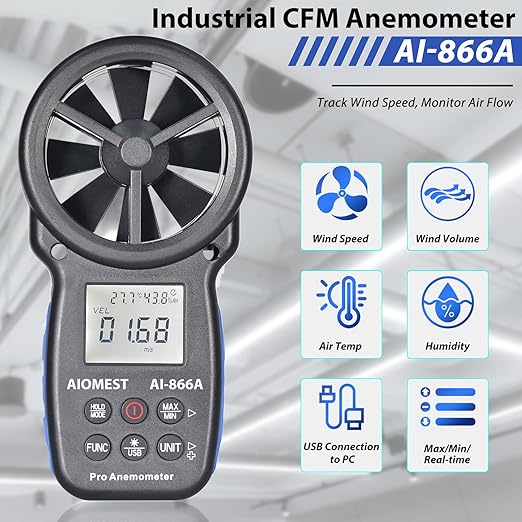 HVAC CFM Anemometer, AIOMEST Handheld Air Flow Meter Measuring Wind Speed/Airflow Velocity, Test Air Volume,Temperature, Humidity, Digital CFM Tester AI-866A with Real-Time USB Sync to PC
