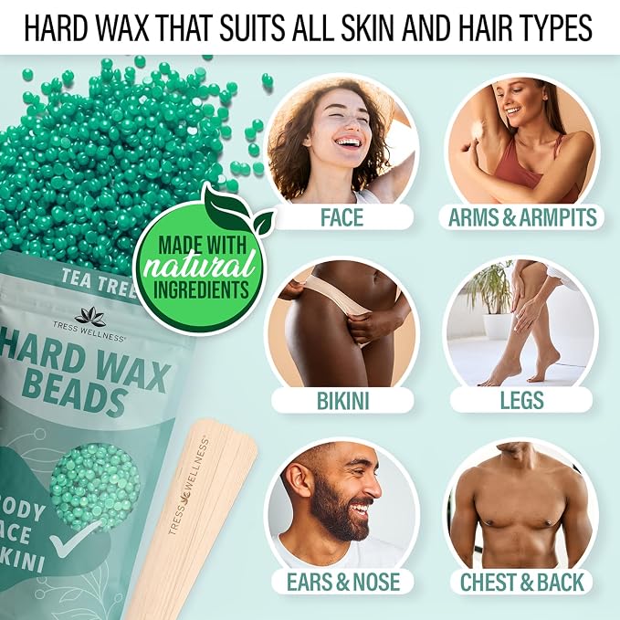 Tress Wellness Award Winning Waxing Kit for Sensitive Skin – Safe for Face & Skin, Easy to Use – At-Home Kit for Face, Bikini, Brazilian & Full Body - Black, No Display