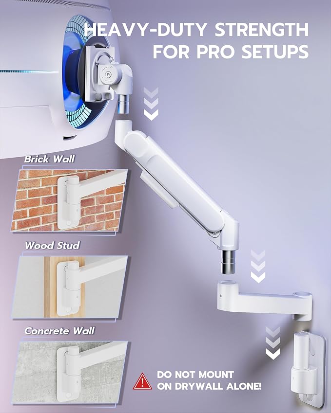 ARES WING Monitor Wall Mount for 24-57 Inch Ultrawide Gaming Screens, Premium Heavy Duty Monitor Arm Holds 60 lbs, Full Motion Gas Spring, Bearing Head for Easy Adjustment, 75/100 VESA Mount, White