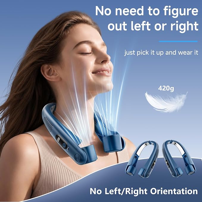 Portable Neck Fan with Cooling Plates, 6000mAh Rechargeable Wearable Fan with 1-100 Speed Control, Hands-Free Personal Cooling Fan with Digital Display, Adjustable Air Outlets for Travel Outdoor-Blue
