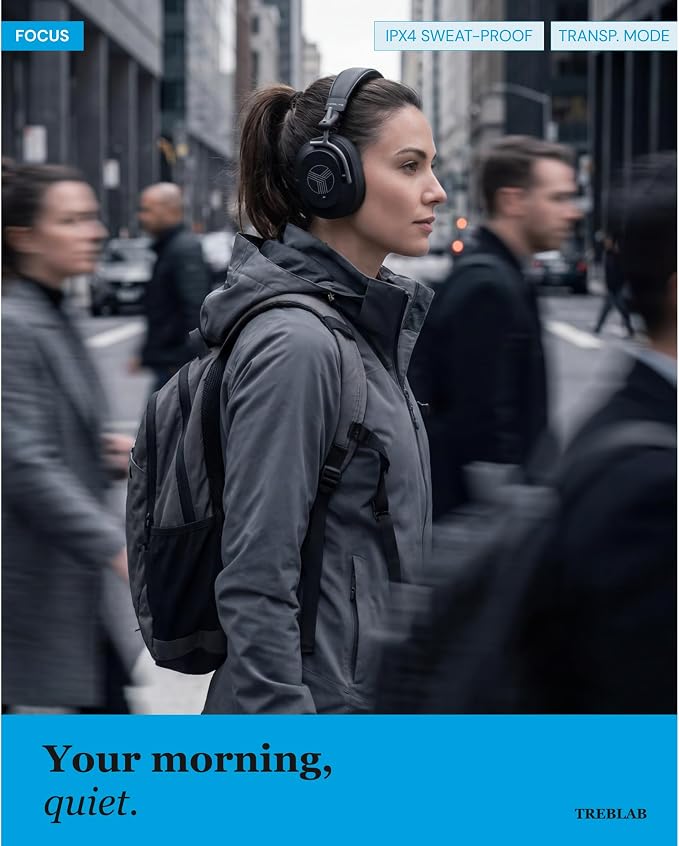 TREBLAB U5 Active Noise Cancelling Headphones Over-Ear, Wireless Bluetooth 5.3 Headphones with Mic, 65-Hr Battery, Hybrid ANC, Multipoint, Deep Bass, IPX4, Foldable for Travel, Work, Commute, Gym