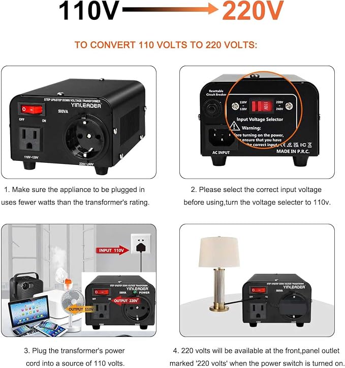 Yinleader 110v to 220v European Voltage Converter Transformer 500W Step Up Converter 110/120 Volt to 220/230/240 Volt or Step Down 220 to 110,[110V US Power Cord Included Only, No 220V Cord]