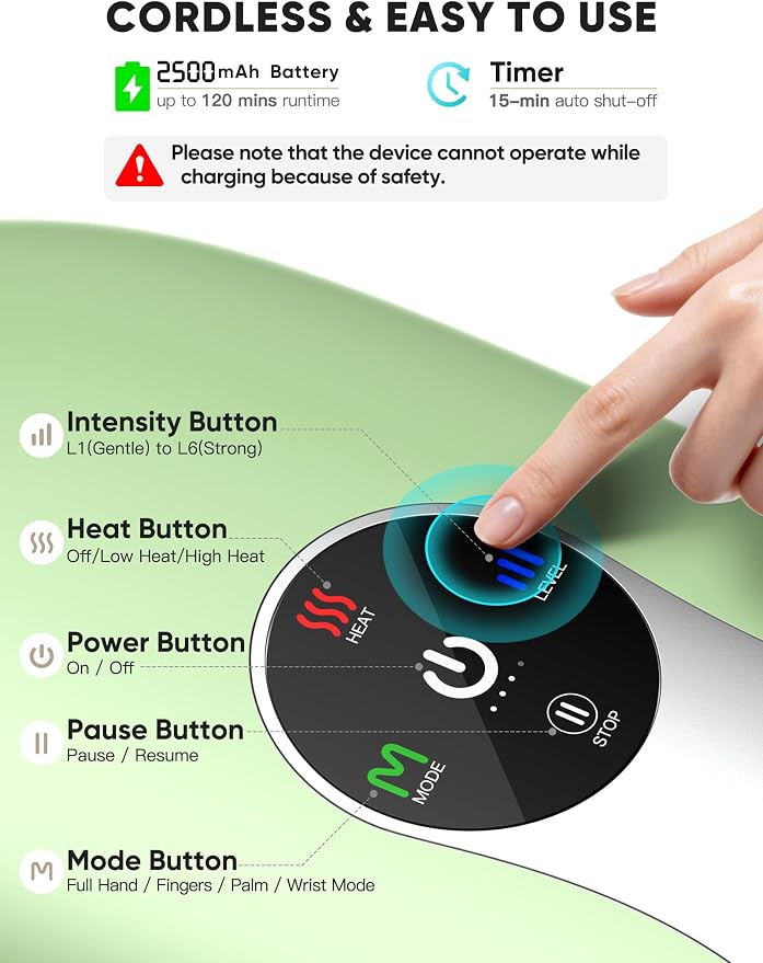 JZBRAIN Hand Massager with Heat and Compression: Cordless Heated Hand and Wrist Massager for Palm, Fingers, and Comfort Relief 4 Modes 6 Intensities, Portable Rechargeable