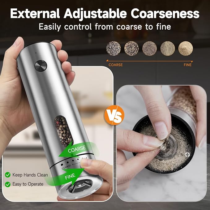 Electric Salt and Pepper Grinder Set with Charging Base - Rechargeable Automatic Pepper Grinder, Stainless Steel Cordless Push Button Mill with LED Light
