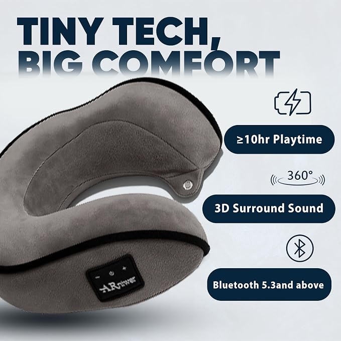 Bluetooth Music Neck Pillow Plus+ Thicker Support Wireless Bluetooth Speaker Suitable Airplane,Train,Car,Office,Outdoor Camping for Sleeping, Resting The Best Travel Essentials. (Dark Gray)