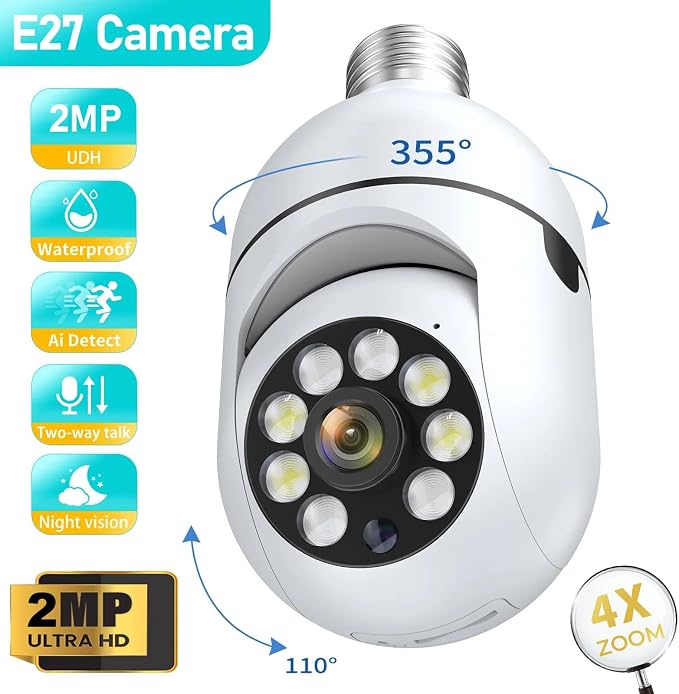 EVERSECU 4pack 1080P Wireless Light Bulb Security Camera, 2.4g & 5g WiFi, Auto Tracking, 2 Way Audio, Smart Night Vision, Support ONVIF & RTSP, Work with Alexa, SD Card & Cloud Storage, Free App