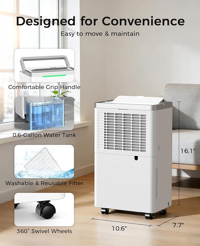2500 Sq. Ft Dehumidifier for Basement with Drain Hose, 34 Pint/Day | 38dB Quiet, 24HR Timer, 3-Color Indicator, Auto Defrost, Child Lock, for Home, Bedroom, Bathroom
