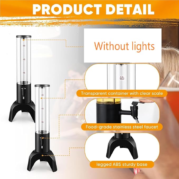 Baderke 4 Pcs Drink Tower Mimosa Tower Dispenser with Ice Tube Tabletop Beer Dispensers Liquor Juice Margarita Tower Beverage Dispensers for Home Bar Party(Black, 1.5 L)