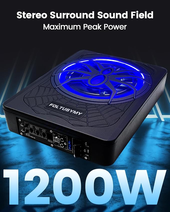 FOLTUSYMY 1200W 10" Slim Under Seat Powered Car Subwoofer, High/Low Level Input, Car/Truck Audio Sub Built-in Amplifier amp Combo Package, with Blue LED Light