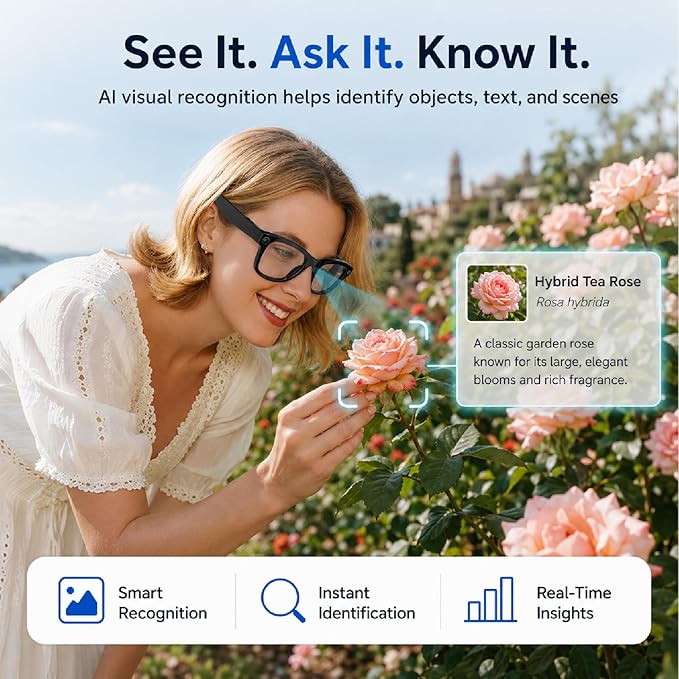 AI Smart Glasses - 8MP Camera with 1200P POV Video Recording - Real-Time Translation Wearable Assistant for Travel and Meetings - Anti-Blue Light Lenses, Black Frame