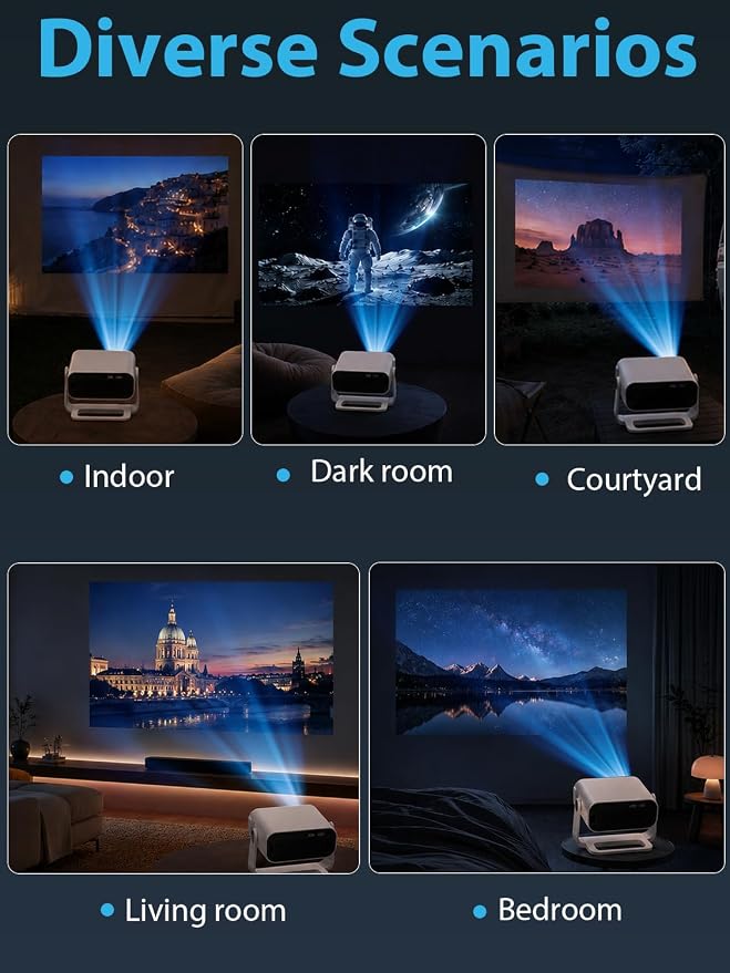 Wielio 2026 Smart Projector Android 14/TV with WiFi 6 and Bluetooth 5.0 Built in 1000+ Apps 210 ANSI Portable Bedroom Mini Movie Projector Auto Keystone & Zoom （Auto Focus/Preferred Dark Room)